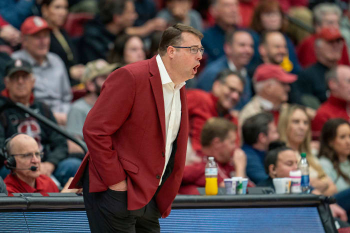 Mar 7, 2024; Stanford, California, USA; Stanford Cardinal head coach Jerod Haase calls out to his players during the second half against the California Golden Bears at Maples Pavillion. Mandatory Credit: Neville E. Guard-USA TODAY Sports